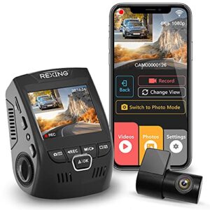 rexing v1p 4k dual channel dash cam 4k+1080p with wi-fi 2.4” lcd | 170 ° wide angle | dashboard camera recorder with rear camera | supercapacitor | g-sensor | wdr | loop recording | mobile app