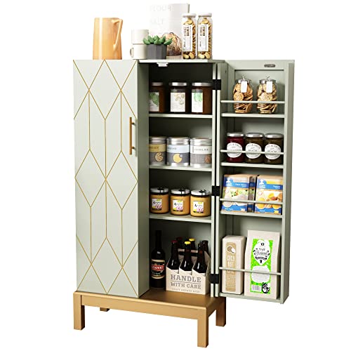 HOLTICO 45'' Kitchen Pantry Cabinet,Storage Cabinet with Doors and Adjustable Shelves,Food Pantry Cabinet for Kitchen,Dining Room,Living Room and Garage,Gold Lines and Legs,Green Cabinet.