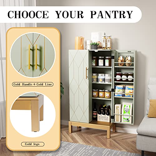 HOLTICO 45'' Kitchen Pantry Cabinet,Storage Cabinet with Doors and Adjustable Shelves,Food Pantry Cabinet for Kitchen,Dining Room,Living Room and Garage,Gold Lines and Legs,Green Cabinet.