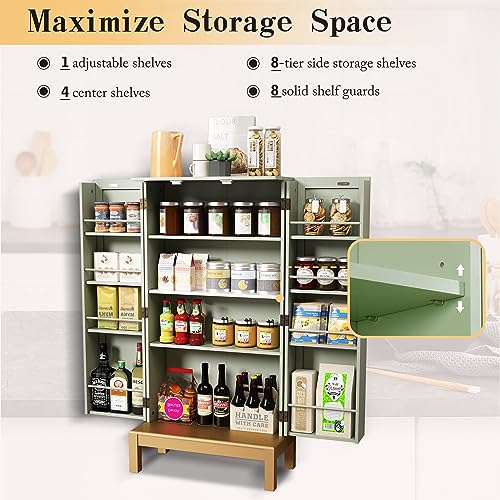 HOLTICO 45'' Kitchen Pantry Cabinet,Storage Cabinet with Doors and Adjustable Shelves,Food Pantry Cabinet for Kitchen,Dining Room,Living Room and Garage,Gold Lines and Legs,Green Cabinet.