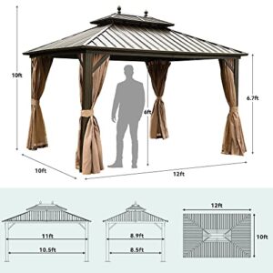 YITAHOME 10x12ft Hardtop Gazebo with Nettings and Curtains, Heavy Duty Double Roof Galvanized Steel Outdoor Combined of Horizontal Vertical Stripes Roof for Patio, Backyard, Deck, Lawn (Bronze)