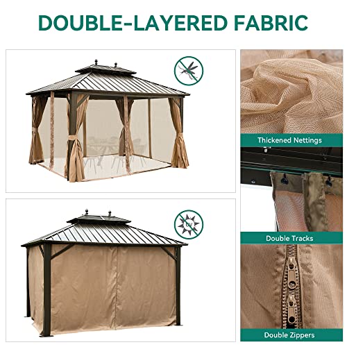 YITAHOME 10x12ft Hardtop Gazebo with Nettings and Curtains, Heavy Duty Double Roof Galvanized Steel Outdoor Combined of Horizontal Vertical Stripes Roof for Patio, Backyard, Deck, Lawn (Bronze)