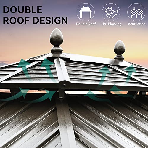 YITAHOME 10x12ft Hardtop Gazebo with Nettings and Curtains, Heavy Duty Double Roof Galvanized Steel Outdoor Combined of Horizontal Vertical Stripes Roof for Patio, Backyard, Deck, Lawn (Bronze)