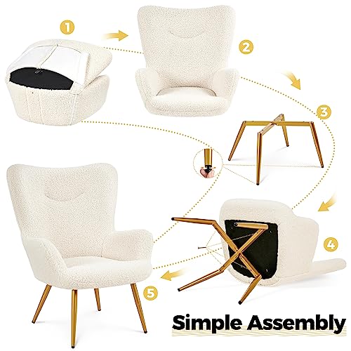 Yaheetech Accent Chair and Ottoman Set, Sherpa Armchair with Golden Metal Legs and High Back, Footstool for Living Room, Lounge, Ivory