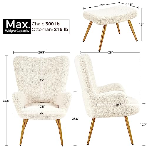 Yaheetech Accent Chair and Ottoman Set, Sherpa Armchair with Golden Metal Legs and High Back, Footstool for Living Room, Lounge, Ivory