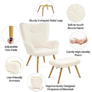 Yaheetech Accent Chair and Ottoman Set, Sherpa Armchair with Golden Metal Legs and High Back, Footstool for Living Room, Lounge, Ivory