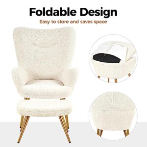 Yaheetech Accent Chair and Ottoman Set, Sherpa Armchair with Golden Metal Legs and High Back, Footstool for Living Room, Lounge, Ivory