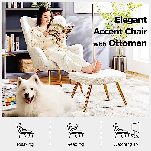 Yaheetech Accent Chair and Ottoman Set, Sherpa Armchair with Golden Metal Legs and High Back, Footstool for Living Room, Lounge, Ivory