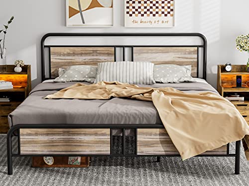 IKIFLY King Bed Frame with Industrial Wood Headboard/Footboard, Heavy Duty Metal Slats Support, Under-Bed Storage, No Box Spring Needed - Wood Brown