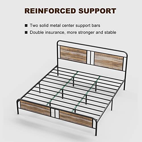 IKIFLY King Bed Frame with Industrial Wood Headboard/Footboard, Heavy Duty Metal Slats Support, Under-Bed Storage, No Box Spring Needed - Wood Brown