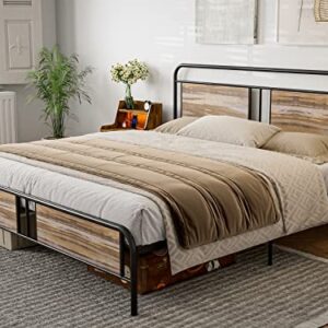 IKIFLY King Bed Frame with Industrial Wood Headboard/Footboard, Heavy Duty Metal Slats Support, Under-Bed Storage, No Box Spring Needed - Wood Brown