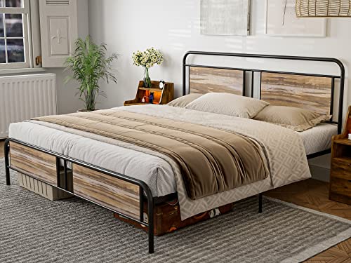 IKIFLY King Bed Frame with Industrial Wood Headboard/Footboard, Heavy Duty Metal Slats Support, Under-Bed Storage, No Box Spring Needed - Wood Brown