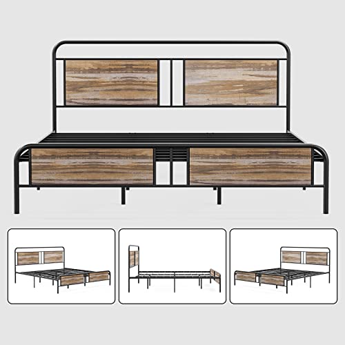 IKIFLY King Bed Frame with Industrial Wood Headboard/Footboard, Heavy Duty Metal Slats Support, Under-Bed Storage, No Box Spring Needed - Wood Brown