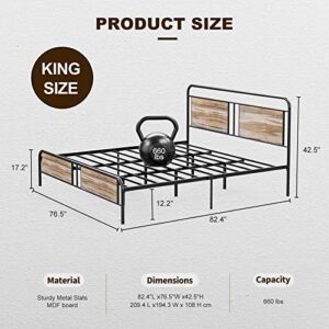 IKIFLY King Bed Frame with Industrial Wood Headboard/Footboard, Heavy Duty Metal Slats Support, Under-Bed Storage, No Box Spring Needed - Wood Brown