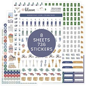 bloom daily planners household chores planner stickers -essential variety pack for home productivity - to-dos, errands, seasonal tasks - 8 sheets / 736 stickers - illustrated icons & quotes for planning & organization