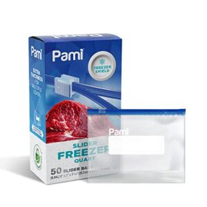 pami freezer slider quart bags [50 pieces]- leakproof food storage freshness-lock bags with expandable bottom- food-safe slider zipper bags with freezer shield technology- thick & reusable sandwich bags