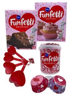 the ultimate valentine's day baking bundle set featuring pillsbury funfetti vanilla cake mix, pillsbury funfetti vanilla frosting with sprinkles, pillsbury funfetti brownie mix, kiss lips and happy valentine's day cupcake liners and heart shaped measuring
