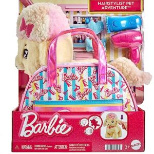 Barbie Stuffed Animals, Hairdresser Poodle with Themed Purse Playset and 6 Accessories, Plush with Lights and Sounds, Salon Pet Adventure