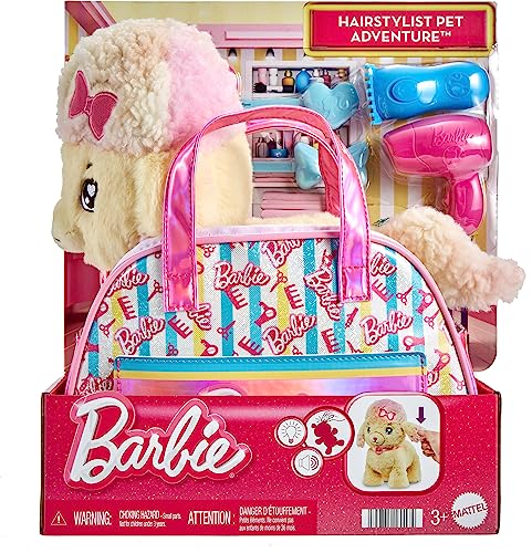 Barbie Stuffed Animals, Hairdresser Poodle with Themed Purse Playset and 6 Accessories, Plush with Lights and Sounds, Salon Pet Adventure