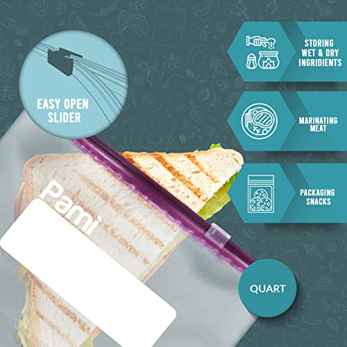 PAMI Food Storage Slider Quart Bags [50 Pieces] - Leakproof Freshness-Lock Bags With Expandable Bottom- Food-Safe Slider Zipper Bags With Write On Label- Thick & Reusable Sandwich Bags