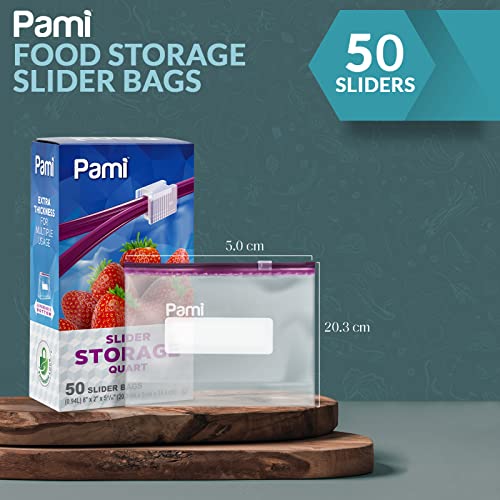 PAMI Food Storage Slider Quart Bags [50 Pieces] - Leakproof Freshness-Lock Bags With Expandable Bottom- Food-Safe Slider Zipper Bags With Write On Label- Thick & Reusable Sandwich Bags