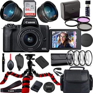 canon eos m50 mark ii mirrorless camera with 15-45mm lens (black) bundle + accessories (64gb memory card, wide angle and telephoto lens, spider tripod, gadget bag and more)
