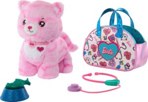 barbie stuffed animals, pink kitten with vet-themed purse playset and 6 accessories, plush with lights and sounds, doctor pet adventure