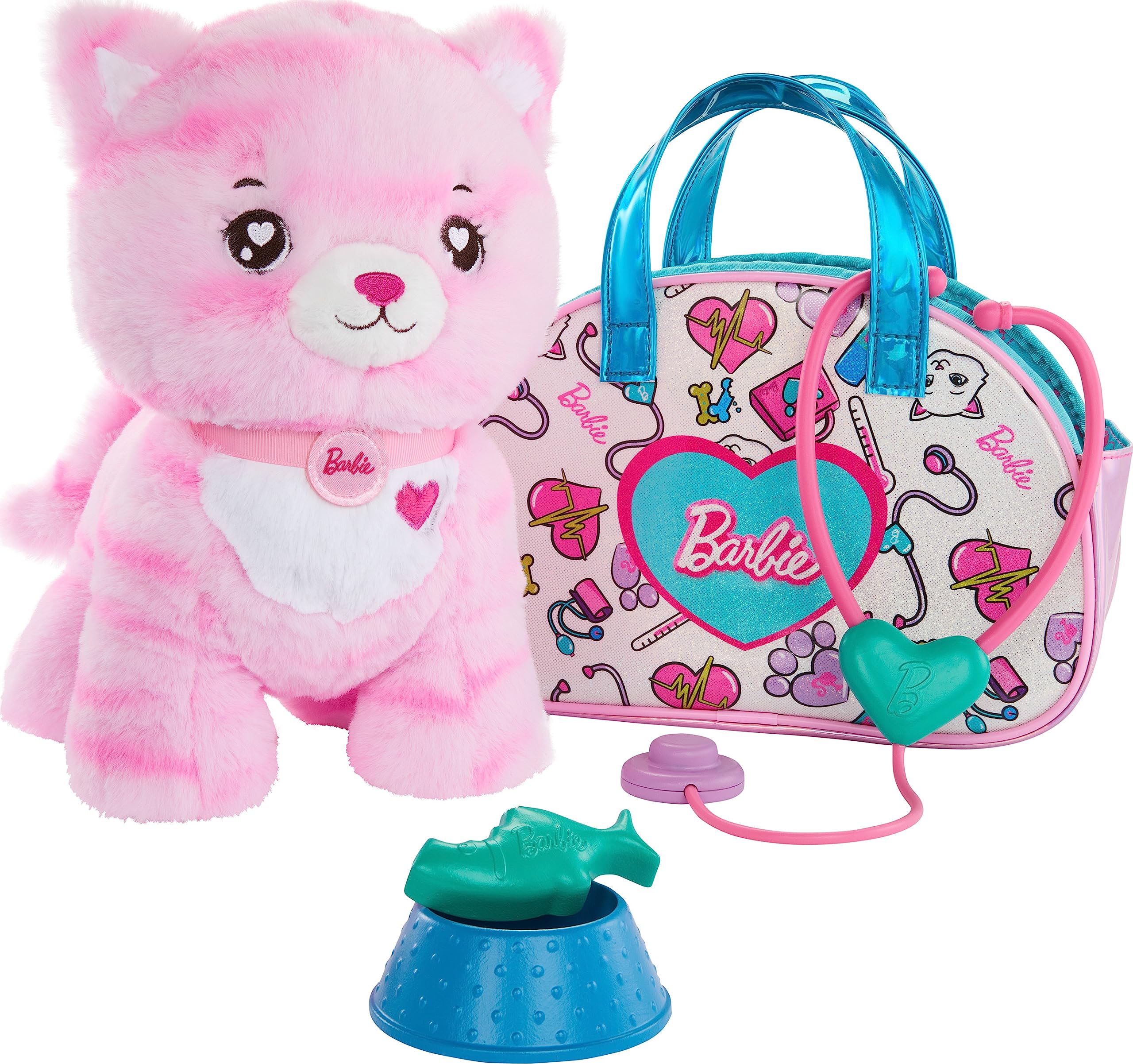 Barbie Stuffed Animals, Pink Kitten with Vet-Themed Purse Playset and 6 Accessories, Plush with Lights and Sounds, Doctor Pet Adventure