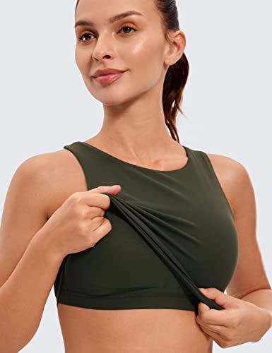 CRZ YOGA Butterluxe Womens Racerback High Neck Longline Sports Bra - Padded Workout Crop Tank Tops with Built in Shelf Bra Olive Green Medium