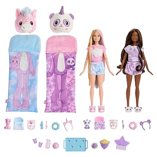 Barbie Cutie Reveal Gift Set with 2 Dolls & 2 Pets, Cozy Cute Tees Slumber Party with 35+ Surprises, Color Change & Costume Sleeping Bags