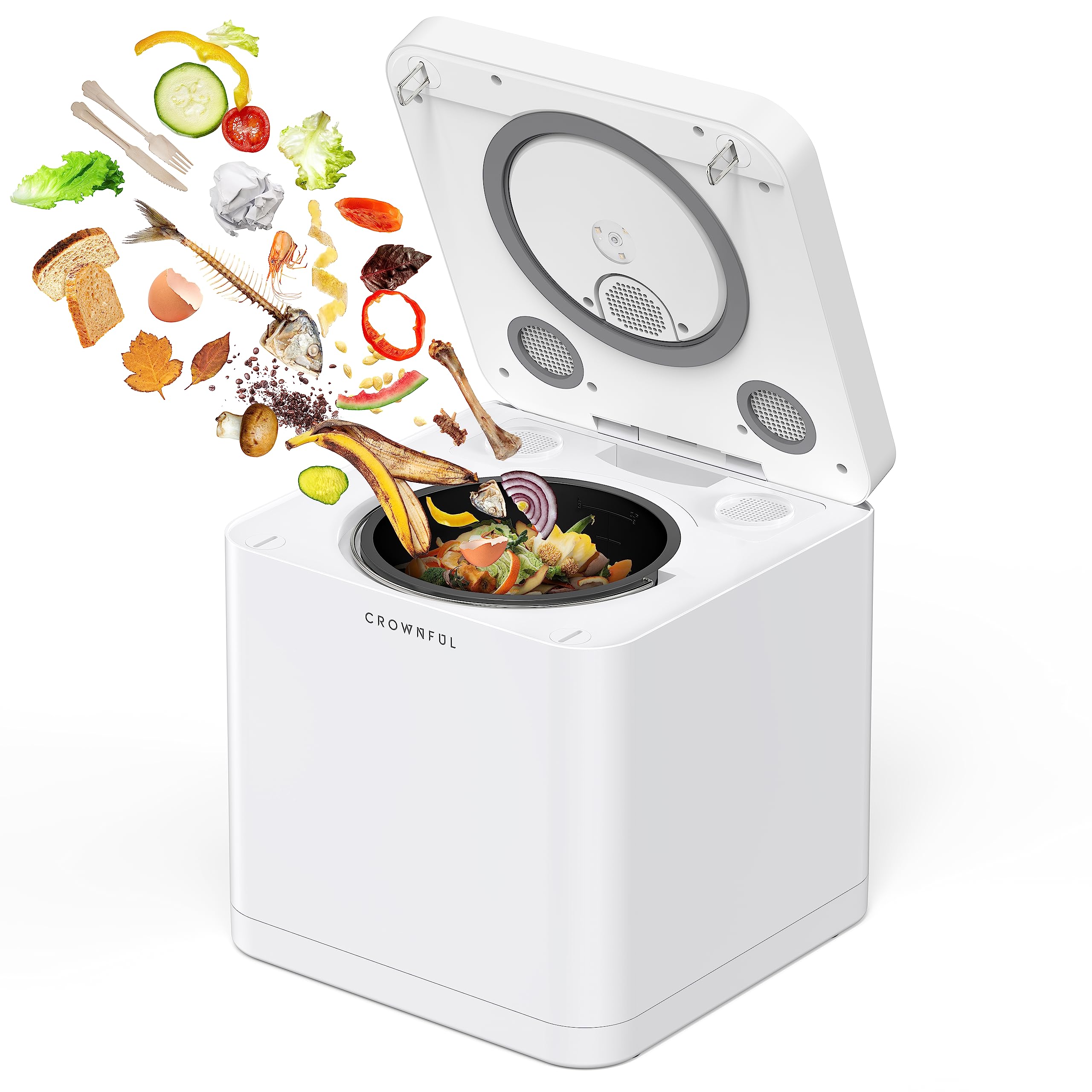 CROWNFUL Smart Waste Kitchen Composter with 3.3L Capacity, Turning Food Waste to Compost, Electric Compost Bin, Compost Machine Odorless for Countertop, Counter, Indoor, Food Cycler Composter, White