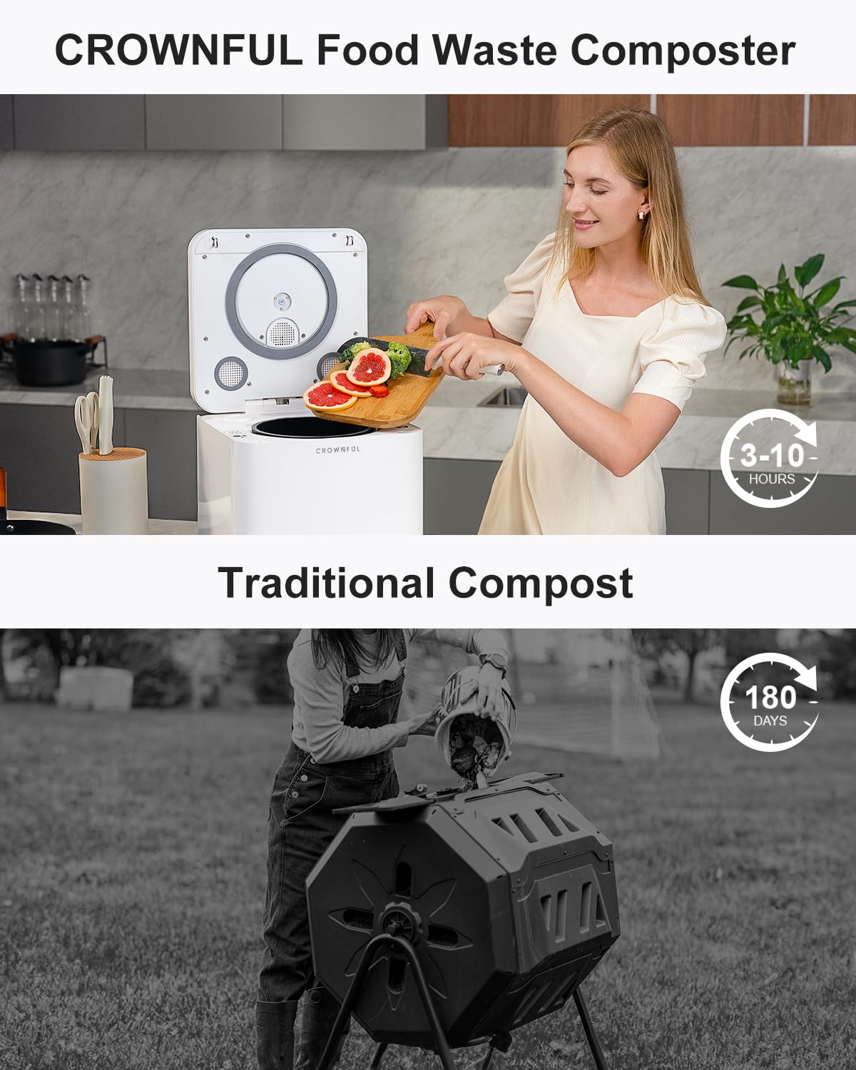 CROWNFUL Smart Waste Kitchen Composter with 3.3L Capacity, Turning Food Waste to Compost, Electric Compost Bin, Compost Machine Odorless for Countertop, Counter, Indoor, Food Cycler Composter, White