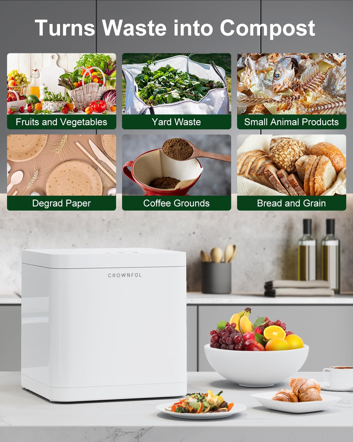 CROWNFUL Smart Waste Kitchen Composter with 3.3L Capacity, Turning Food Waste to Compost, Electric Compost Bin, Compost Machine Odorless for Countertop, Counter, Indoor, Food Cycler Composter, White