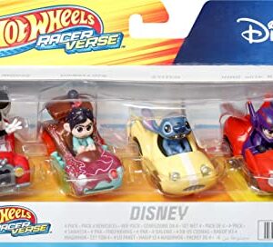 Hot Wheels RacerVerse, Set of 4 Die-Cast Disney Toy Cars Optimized for Hot Wheels Track with Popular Disney Characters as Drivers