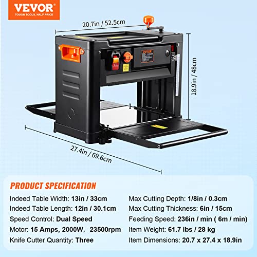 VEVOR Power Benchtop Planers, Three-Blade, Two Speed, 13" Width Worktable Thickness Planer with Extended Infeeding Table, Low Noise for both hard & soft wood material removal