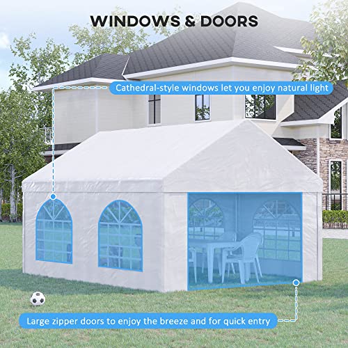 Outsunny 13' x 16' Party Tent and Carport, Large Outdoor Canopy Tent Portable Garage with Removable Sidewalls, 2 Doors and Windows, White Tents for Parties, Wedding, Events, BBQ