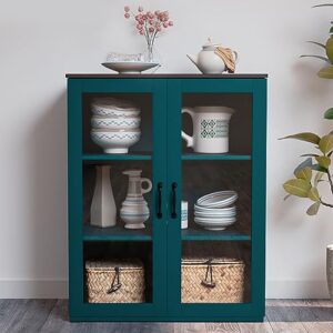 vrullu storage cabinet, teal free standing buffet cabinet, accent kitchen cabinet with tempered glass doors, wood display cabinet with adjustable shelf for living room, dining room, hallway (1, green)