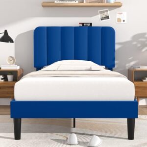 vecelo twin size upholstered bed frame with adjustable headboard, velvet platform bedframe mattress foundation, strong wood slat support, no box spring needed, dark blue