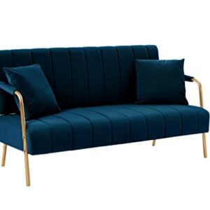 Modern Upholstered Velvet Loveseat Sofa: 60" Mid Century 2 Seater Sofa - Cashmere Sofa Couch with 2 Pillows - Gold Metal Legs - Small Spaces Bedroom Apartment Office Living Room (Dark Blue)