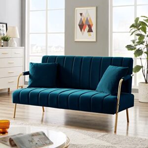 Modern Upholstered Velvet Loveseat Sofa: 60" Mid Century 2 Seater Sofa - Cashmere Sofa Couch with 2 Pillows - Gold Metal Legs - Small Spaces Bedroom Apartment Office Living Room (Dark Blue)