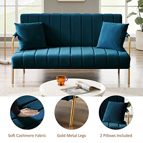 Modern Upholstered Velvet Loveseat Sofa: 60" Mid Century 2 Seater Sofa - Cashmere Sofa Couch with 2 Pillows - Gold Metal Legs - Small Spaces Bedroom Apartment Office Living Room (Dark Blue)