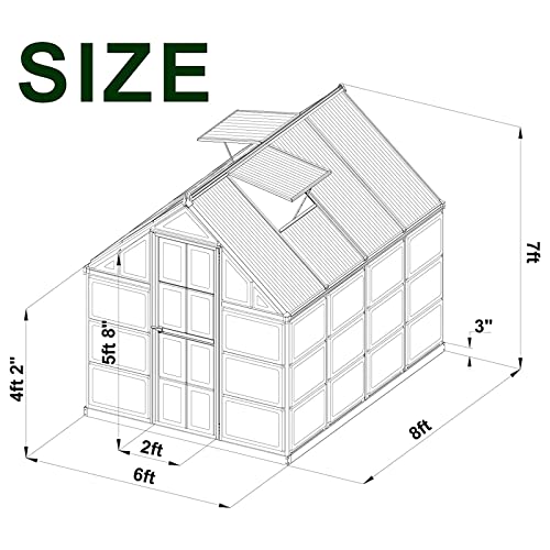 PAPAJET 6x8 FT Hybrid Polycarbonate Greenhouse 2 Vent Window with Lockable Hinged Door Walk-in Hobby Greenhouse, Aluminum Hot House for Outdoor Garden Backyard Silver