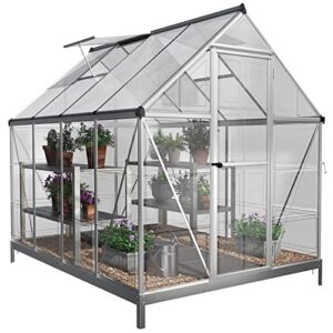 PAPAJET 6x8 FT Hybrid Polycarbonate Greenhouse 2 Vent Window with Lockable Hinged Door Walk-in Hobby Greenhouse, Aluminum Hot House for Outdoor Garden Backyard Silver
