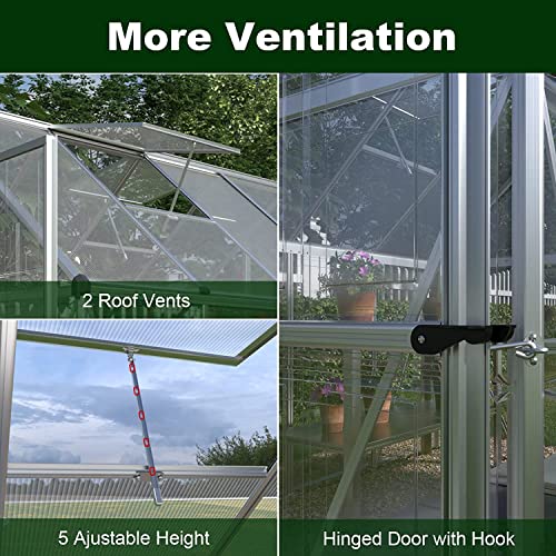 PAPAJET 6x8 FT Hybrid Polycarbonate Greenhouse 2 Vent Window with Lockable Hinged Door Walk-in Hobby Greenhouse, Aluminum Hot House for Outdoor Garden Backyard Silver