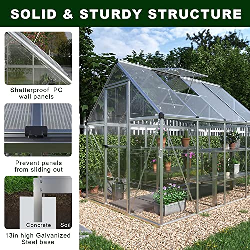 PAPAJET 6x8 FT Hybrid Polycarbonate Greenhouse 2 Vent Window with Lockable Hinged Door Walk-in Hobby Greenhouse, Aluminum Hot House for Outdoor Garden Backyard Silver