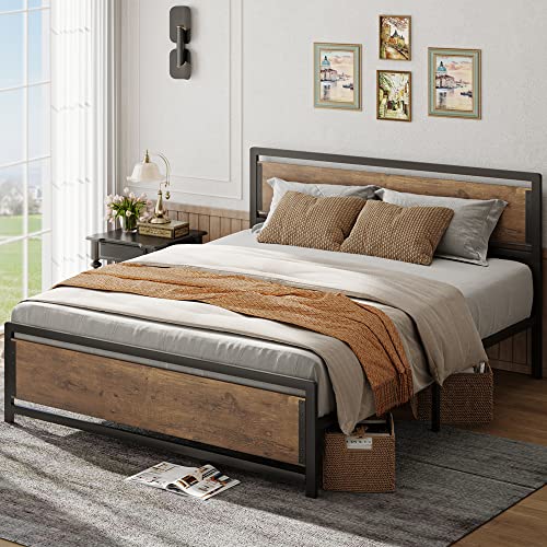 Gizoon Queen Size Bed Frame, Heavy Duty Platform Metal Bed with Headboard with Rivet, No Box Spring Needed, 15 Strong Metal Slats Support & 11'' Under-Bed Storage, No Noise, Easy Assembly, Retro