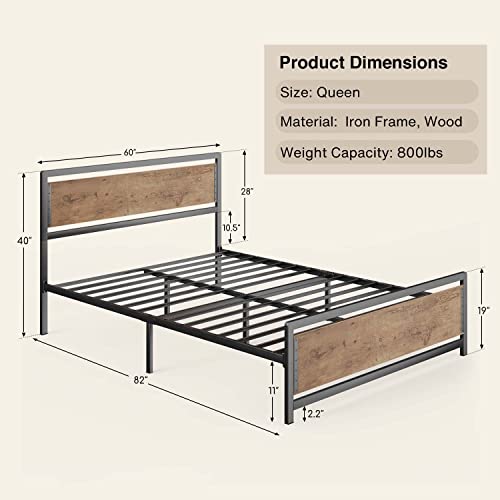 Gizoon Queen Size Bed Frame, Heavy Duty Platform Metal Bed with Headboard with Rivet, No Box Spring Needed, 15 Strong Metal Slats Support & 11'' Under-Bed Storage, No Noise, Easy Assembly, Retro