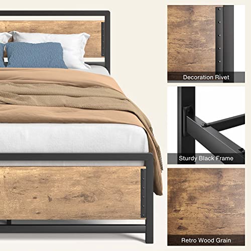 Gizoon Queen Size Bed Frame, Heavy Duty Platform Metal Bed with Headboard with Rivet, No Box Spring Needed, 15 Strong Metal Slats Support & 11'' Under-Bed Storage, No Noise, Easy Assembly, Retro