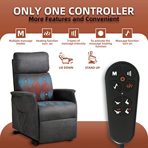 Power Lift Recliner Chair for Elderly, Lift Chair with Heat and Massage, 3 Positions Fabric Recliner Chair Sofa with 2 Side Pockets & Remote Control for Living Room (Grey)
