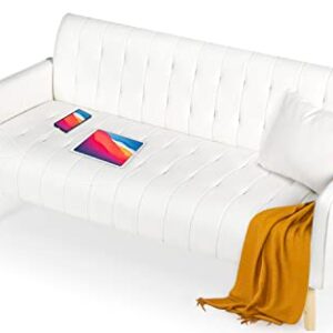 TYBOATLE 57“ W Mid-Century Striped PU Leather Loveseat Sofa w/ 2 USB Charging Ports, Modern Love Seats Couch w/Pillow for Small Space, Living Room, Office, Apartment, Dorm (White)